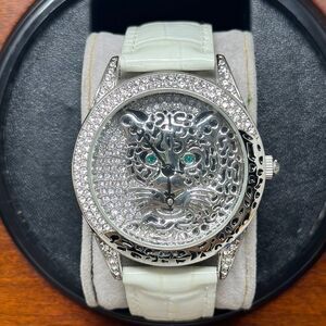 Adrienne Designer Collection Limited Edition Rhinestone Green Eyes Leopard Watch